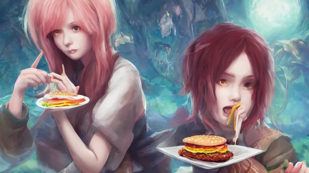 Prompt: waifu eating borgar , fantasy artwork, award winning, very very very very very very very beautiful, artstation