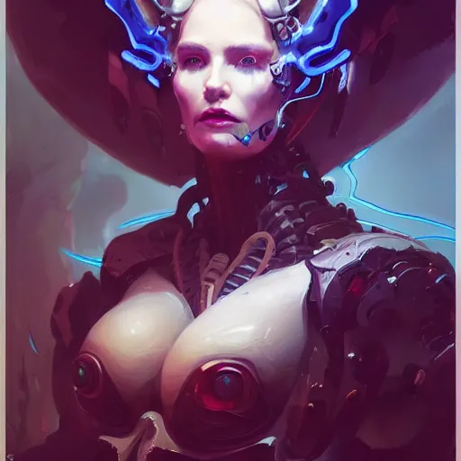 Image similar to a portrait of a beautiful demonic cybernetic grand duchess of hell, cyberpunk concept art by pete mohrbacher and wlop and artgerm and josan gonzales, digital art, highly detailed, intricate, sci-fi, sharp focus, Trending on Artstation HQ, deviantart, unreal engine 5, 4K UHD image