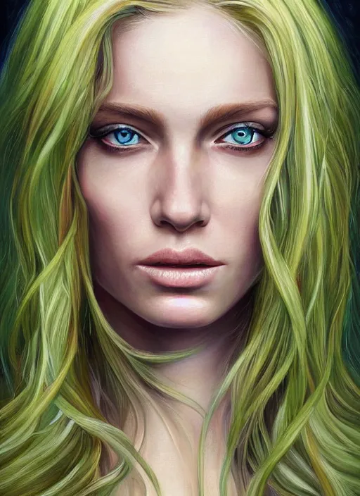 Prompt: a painting of a woman with long blonde hair and green eyes, a photorealistic painting by magali villeneuve, featured on cgsociety, fantasy art, detailed painting, photorealistic