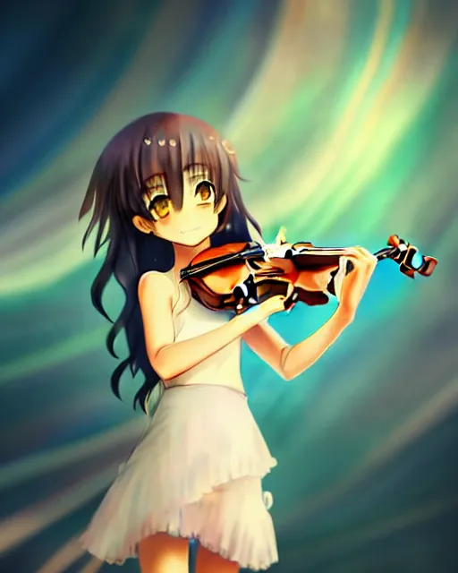 Image similar to anime style, realism, chibi, full body, a cute girl with white skin and golden long wavy hair holding a violin and playing a song, heavenly, stunning, realistic light and shadow effects, happy, centered, landscape shot, happy, simple background, studio ghibly makoto shinkai yuji yamaguchi