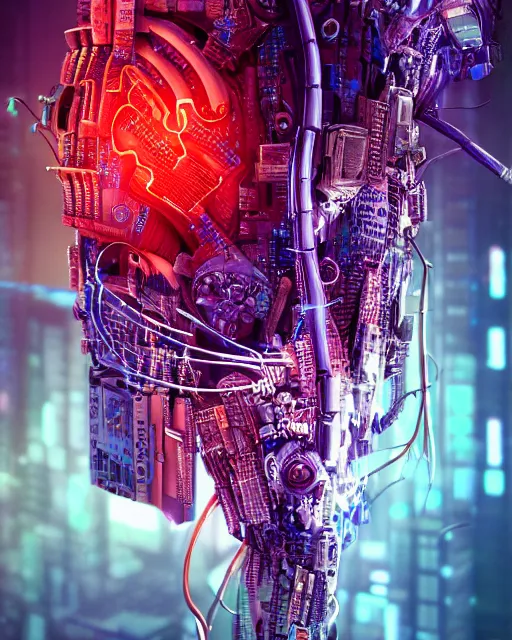 Image similar to a human heart cyberpunk style, revealing wires and electronics, hooked - up, sci - fi, missing panels, intricate abstract upper body intricate artwork, concept art, octane render, deviantart, cinematic, key art, hyperrealism, iridescent accents, portrait photograph, nikon 3 5 mm, photograph by greg rutkowski