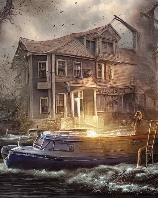 Image similar to concept illustration from the'0 0 s supernatural thriller'old as the water ', a high quality high detail painting by david mattingly and samuel araya and tony diterlizzi, hd 4 k 8 k, realistic hyperdetailed scene painting, photorealistic lighting, urban horror aesthetic, composition and scene layout inspired by gregory crewdson and brendon burton.