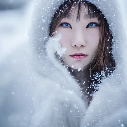 Prompt: the piercing stare of yuki onna, snowstorm, blizzard, mountain snow, canon eos r 6, bokeh, outline glow, beauty