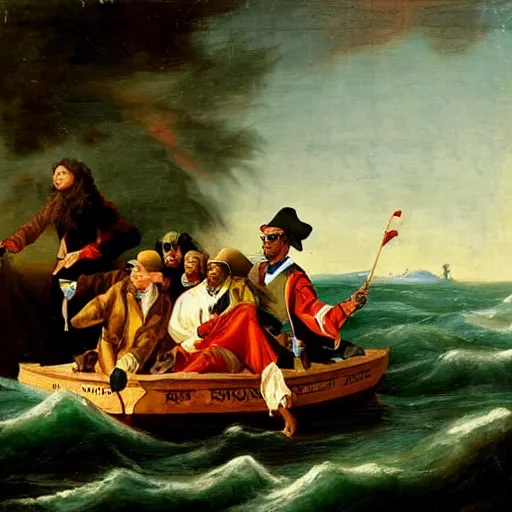 Image similar to Snoop Dogg crossing the Delaware, oil on canvas