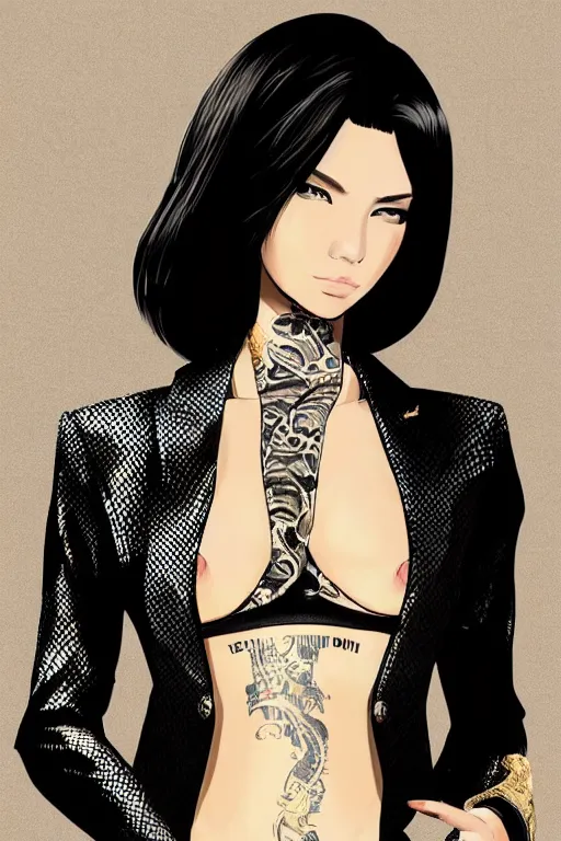 Image similar to yakuza slim girl, gold suit jacket in snake print, jacket over bare torso, yakuza tattoo on body, black short curtain haircut, black leather pants with black belt, elegant, 2d, ultra highly detailed, digital painting, smooth, sharp focus, artstation, art by Ilya Kuvshinov