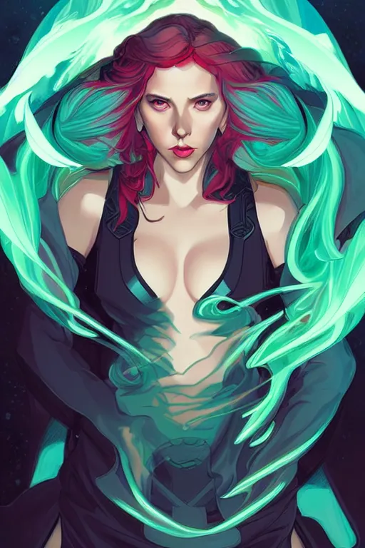 Image similar to style artgerm, joshua middleton, illustration, scarlett johansson as mage wearing green pelt light armor, anime eyes, blue hair, swirling water cosmos, fantasy, dnd, cinematic lighting