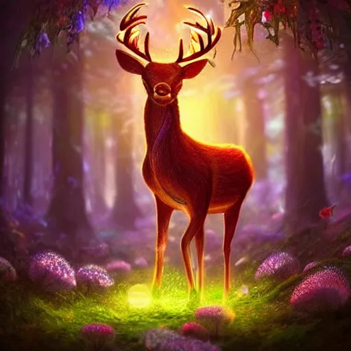 Prompt: a glowing luminous deer surrounded by luminous flowers and mushrooms, in an enchanted forest, trending on artstation, HDR, Instagram photo, fantasy art