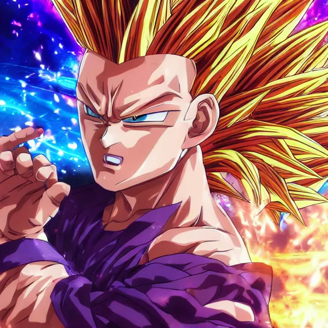 Image similar to aesthetic anime man goes super saiyan in the style of jojo's bizarre adventure, ultrafine hyperrealistic detailed face illustration by kim jung gi, irakli nadar, intricate linework, sharp focus, bright colors, matte, octopath traveler, final fantasy, unreal engine highly rendered, global illumination, radiant light, intricate rainbow environment