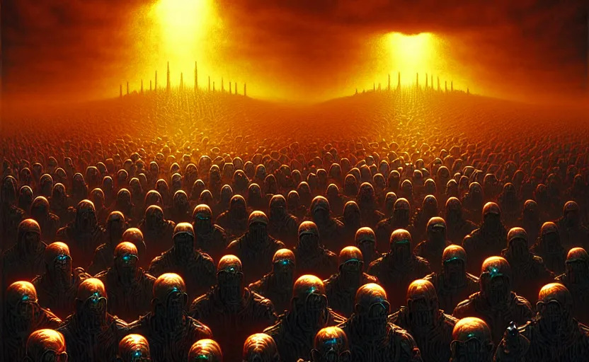 Image similar to cyborg army invading hell by dan mumford and zdzisław beksinski, fine details, digital art, volumetric lighting, cinematic light, photorealistic