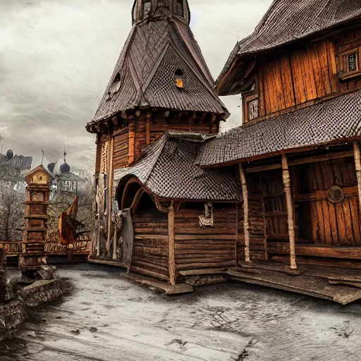 Prompt: photo ancient Slavic Russian city of Kitezh, concept art, magical city, fantasy cityscape, ancient Slavs, wooden buildings, ancient Russian architecture, terem, hyperborea, top cinematic lighting , cinematic mood, very detailed, shot in canon, 8k, high resolution