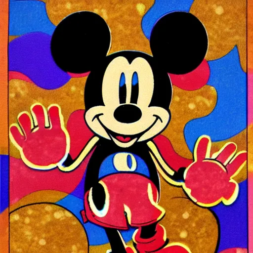 Image similar to trippy mickey mouse blotter art, acid tabs