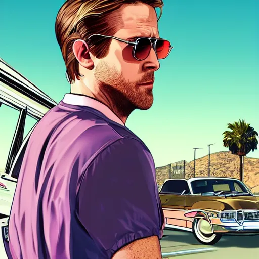 Image similar to gta v cover art by stephen bliss of ryan gosling wearing aviator sunglesses near a pink convertible car