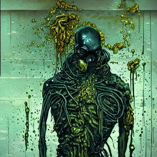 Prompt: dark green sci-fi lab at night, realistic gustave coubert painting of black onyx skin horror zombie dressed in rags exposed guts crawling in two legs and dripping golden metalic fluid from intestine into a puddle of golden liquid on the floor.