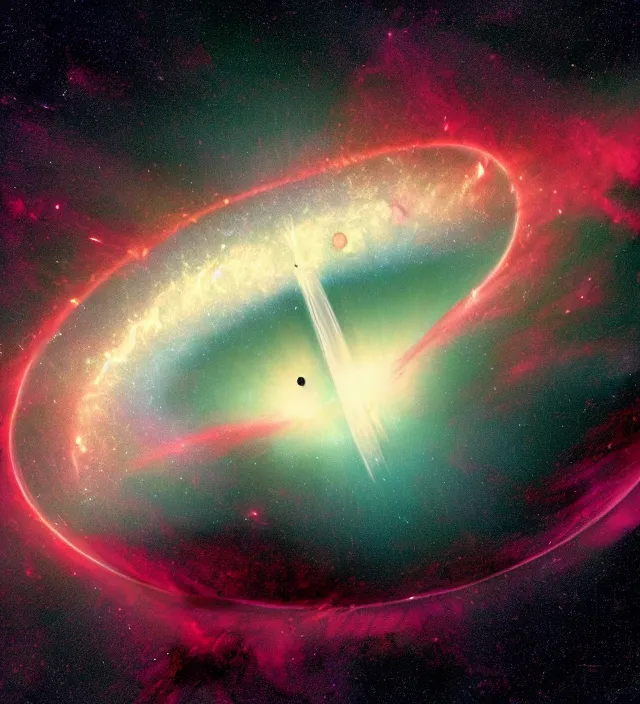 Image similar to a telescope view of a wormhole absorbing a nebula, vintage sci - fi, 4 k