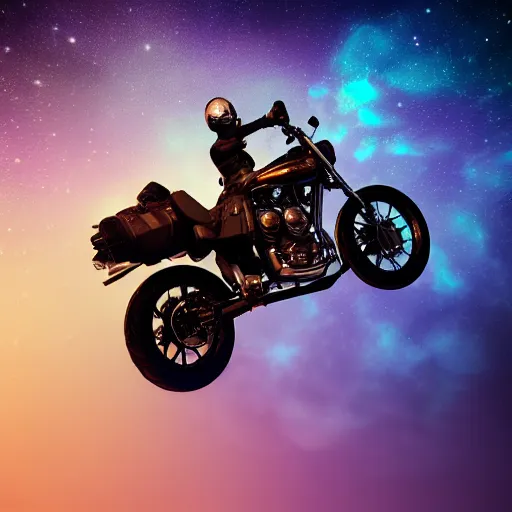 Image similar to a motorcycle floating in space inside magic colorful glowing sparkling fog, starry sky, tranquil, desolate, atmospheric, hazy, autochrome, 8k, photo, octane render, unreal engine 5