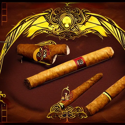 Image similar to digital art of the most rare and quality rich dragon themed cigar set you could ever obtain in a lucid dream, astonishing detail, award winning, fantastic composition, beautiful lighting