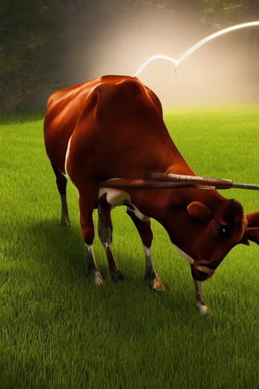 Prompt: a dynamic digital painting and illustration of a cow cutting grass with grass trimmer, rendered in octane, cgsociety, artstation, cinematic lighting, 4K, very intricate, HDR