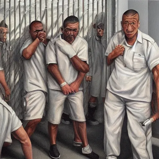 Prompt: hyperrealism painting of prisoners scheming to escape prison while guards are distracted by a fight