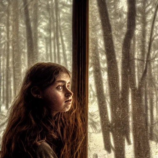 Image similar to portrait bust of young woman, tired expression, faded color film, russian cinema, tarkovsky, kodachrome, inside old cabin, next to window, heavy forest outside, long brown hair, old clothing, heavy fog, brown color palette, hudson river school, 4 k, dramatic lighting, greg rutkowski