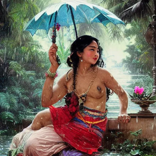 Prompt: monsoon on tropical island, oriental woman, ornate, beautiful, atmosphere, vibe, mist, coconuts, rain, wet, pristine, puddles, melting, dripping, snow, creek, lush, ice, bridge, forest, roses, flowers, by stanley artgerm lau, greg rutkowski, thomas kindkade, alphonse mucha, loish, norman rockwell