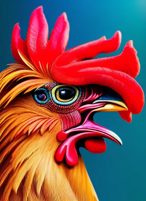 Prompt: photo of a gorgeous rooster, professionally retouched, soft lighting, realistic, colorful feathers, full body shot, torso, perfect eyes, sharp focus on eyes, 8 k, high definition, insanely detailed, intricate, elegant, art by artgerm and j scott campbell