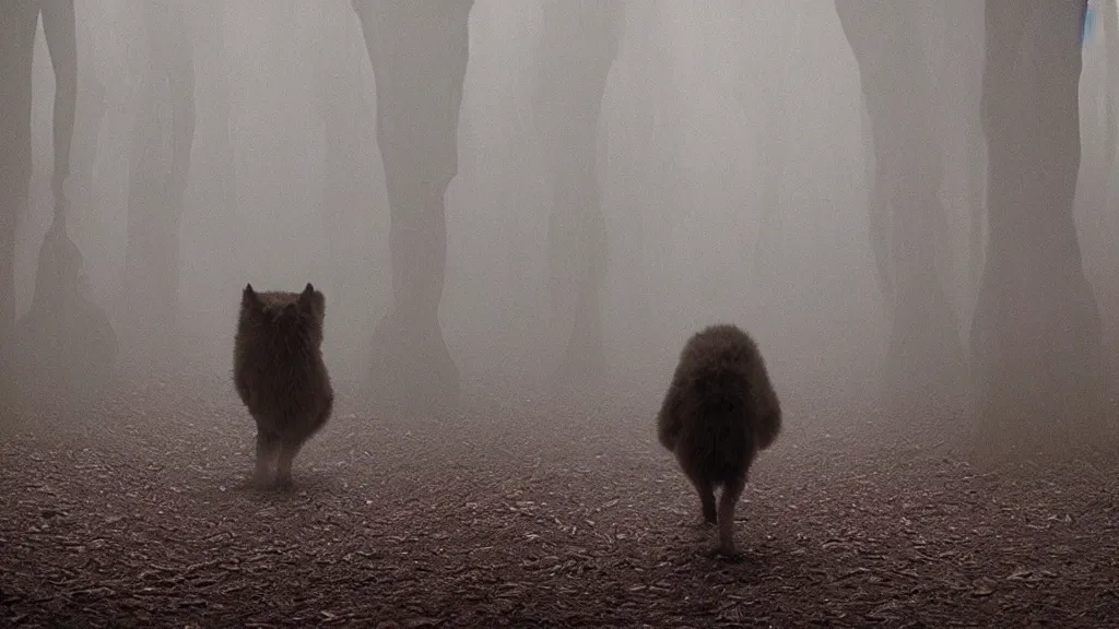 Prompt: a strange creature walks through our home, film still from the movie directed by Denis Villeneuve with art direction by Zdzisław Beksiński, telephoto lens, shallow depth of field