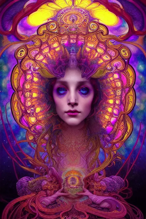 Image similar to An extremely psychedelic experience of the third eye opening to celestial dreams, colorful, surreal, dramatic lighting, magic mushrooms, psilocybin, LSD, face, detailed, intricate, elegant, highly detailed, digital painting, artstation, concept art, smooth, sharp focus, illustration, art by Krenz Cushart and Artem Demura and alphonse mucha