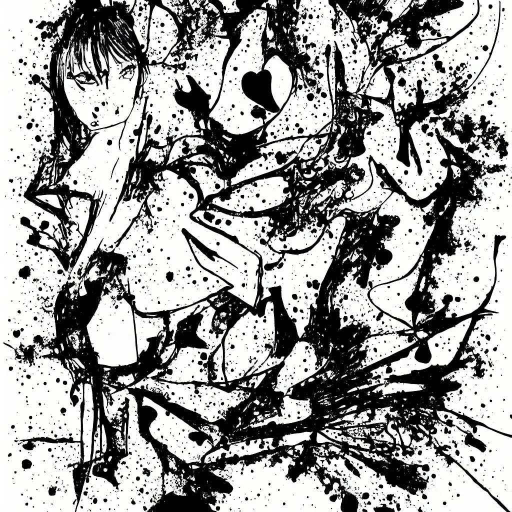 Image similar to woman, abstract, jet set radio artwork, ryuta ueda artwork, hylics artwork, ink, asymmetry, stipple, lines, stippling, crosshatching, linework, dark, ominous, eerie, hearts, minimal, points, technical, natsumi mukai artwrok, tight