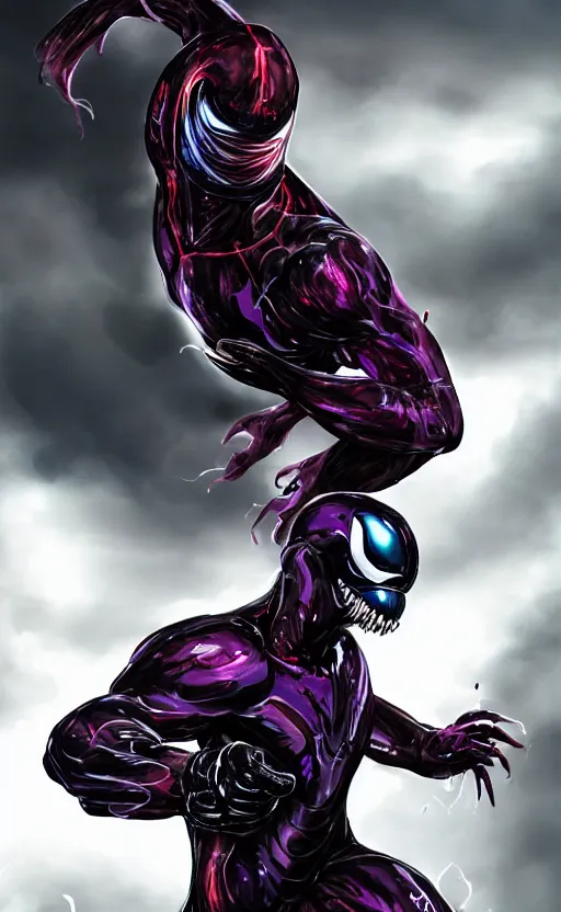 Image similar to venom in a venom inspired ironman suit, purple, black and red, dynamic lighting, photorealistic fantasy concept art, trending on art station, stunning visuals, terrifying, creative, cinematic