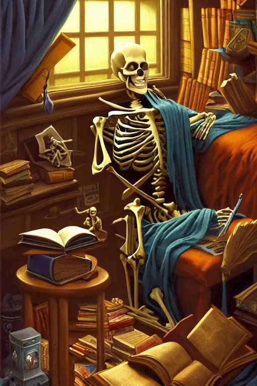 Prompt: classic oil painting, a comfy skeleton that is reading a giant book, as a dnd character, inside a cluttered bedroom, cottagecore, highly detailed, digital illustration, concept art, smooth, sharp focus, art by tim hildebrandt, and greg hildebrandt