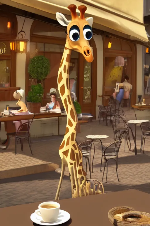 Image similar to a giraffe with big eyes looking for a cup of coffee in beautiful morning café in Paris. Pixar Disney 4K 3d render funny animation movie Oscar winning trending on ArtStation and Behance. Ratatouille style.