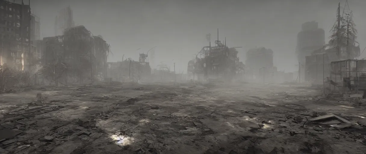 Image similar to post-apocalyptic urban warfare nightmare, decaying wasteland enshrouded in swirls of radioactive fog , high quality, volumetric lighting, cryengine, 8k