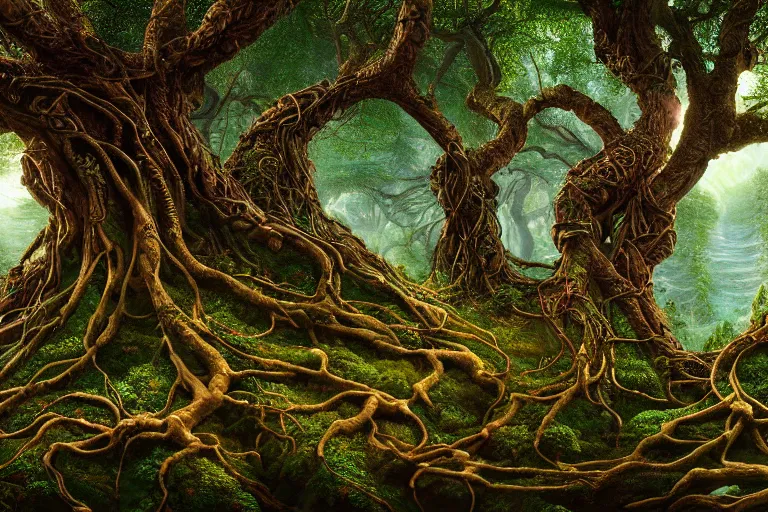 Image similar to a beautiful and highly detailed digital painting of an elven tree with celtic roots in a lush forest in the mystical mountains of nargothrond, psychedelic patterns, intricate details, epic scale, 8 k, sharp focus, photorealism, artstation, cgsociety, by caspar friedrich, albert bierstadt, james gurney, brian froud,