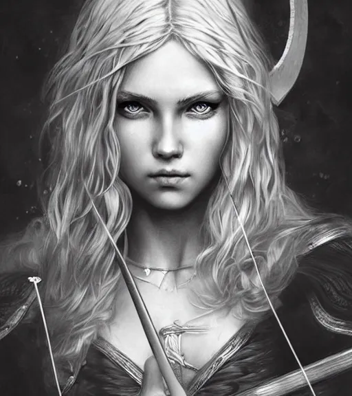 Prompt: medium shot of beautiful aphrodite goddess as an archer warrior, beautiful piercing eyes, flowing blonde hair, realistic face, black and white drawing, in the style of greg rutkowski, fantasy, amazing detail, epic, intricate, elegant, smooth, sharp focus
