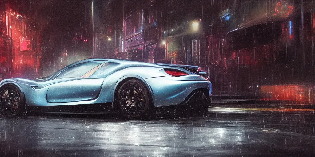 Image similar to full view of a sport car, on wet street at night, painted in dark color holographic pearlescent, almost ghosty-like, elegant, digital painting, concept art, smooth, sharp focus, art style from Wang Ke and Greg Rutkowski and Bruce Kaiser and Scott Robertson and Dmitry Mazurkevich and Doruk Erdem and Jon Sibal, small style cue from Mad Max