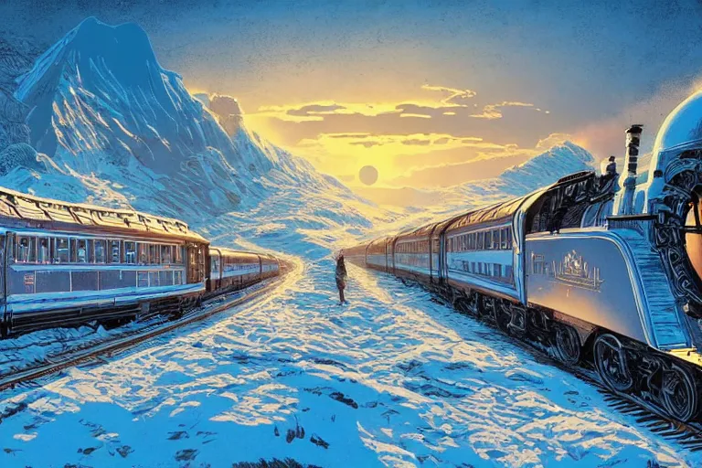 Image similar to trans - siberian express train illustration by joe fenton and syd mead and p. craig russell and barry windsor - smith, artstation, 4 k, graphic novel, concept art, matte painting, beautiful russian winter landscape sunset background, golden hour, art nouveau