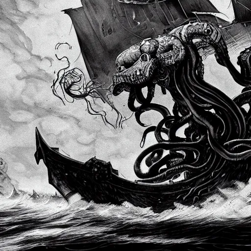 Image similar to kraken devours a huge ship in the style of kentaro miura, 4 k, 8 k, absolute detail of even the smallest details and particles, beautiful shadows, beautiful art, black and white drawing