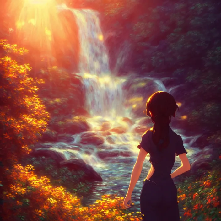 Prompt: an epic makoto shinkai and renoir surreal landscape of a woman's brown hair mixed with a waterfall, 🌺, golden hour, ultra smooth, lois van baarle, ilya kuvshinov, unreal engine, blender, trending on artstation, suntur, caleb worcester, highly detailed, photorealism, bloom effect 8 k