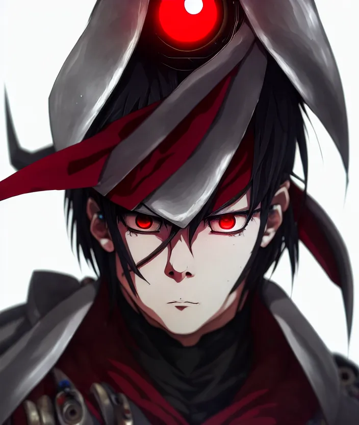 Image similar to a detailed manga illustration character portrait of a dark haired silver cyborg anime man with a red mechanical eye and wearing a tattered brown cape, trending on artstation, digital art, 4 k resolution, detailed, octane render, high quality, sharp focus, hq artwork, insane detail, concept art, character concept, character illustration, full body illustration, cinematic, dramatic lighting