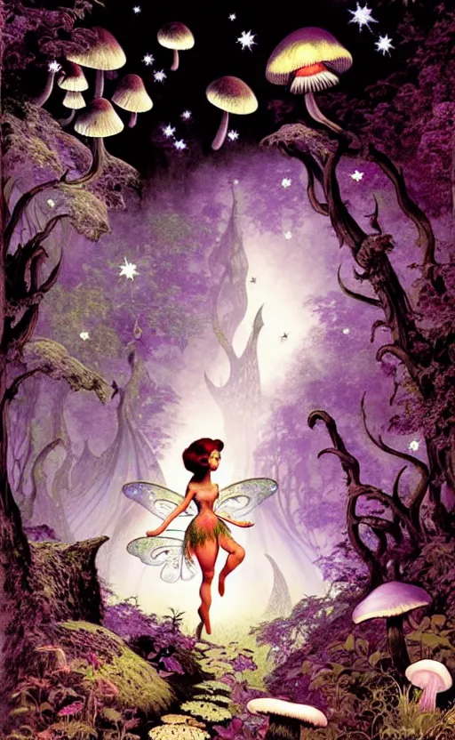 Image similar to fairies with detailed faces, enchanted forest, mushrooms on the ground, stars in the sky, psychedelic, wide angle shot, white background, vector art, illustration by frank frazetta