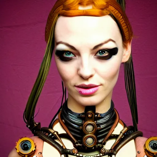 Image similar to close - up portrait of a beautiful female steampunk android in the style of ex the fifth element