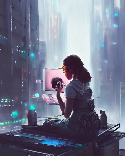 Prompt: realistic female artist painting on a canvas on the rooftop of a cyberpunk city, artstation trends, sci fi concept art, highly detailed, intricate, sharp focus, digital art, 8 k,