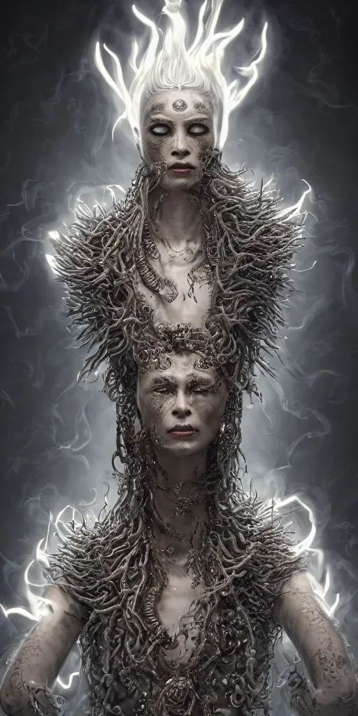 Prompt: centered full body and head , spiked black hair character design of realistic asian Sumerian Death Goddess ivory skin runic icons + mystical symbols, with small bleached bones covering vest and flowing electricity and smoke , fantasy, intricate, elegant, highly detailed , peter mordenbacher,Mike Winkelmann, ultra realistic, intricate, epic lighting, 8k , unreal engine 5, ultraviolet colors