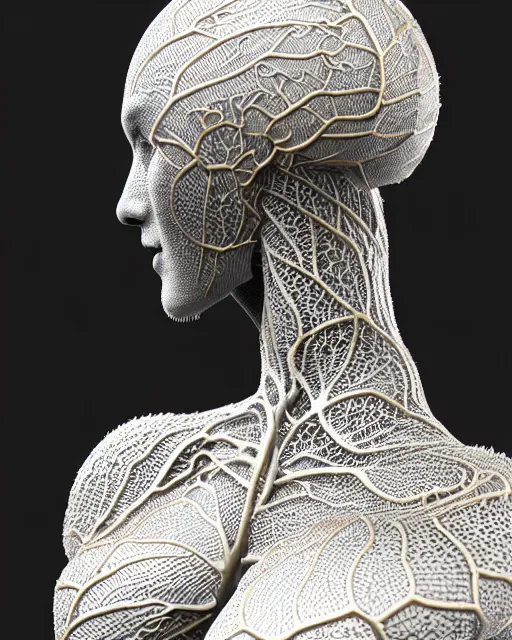 Image similar to close - up profile face, black background, 3 d render of a beautiful porcelain vegetal dragon cyborg young female, 1 5 0 mm, beautiful natural soft rim light, silver gold details, magnolia leaves and stems, roots, fine lace, mandelbot fractal, elegant, ultra detailed, white metallic armour, octane render, black and white, h. r. giger style