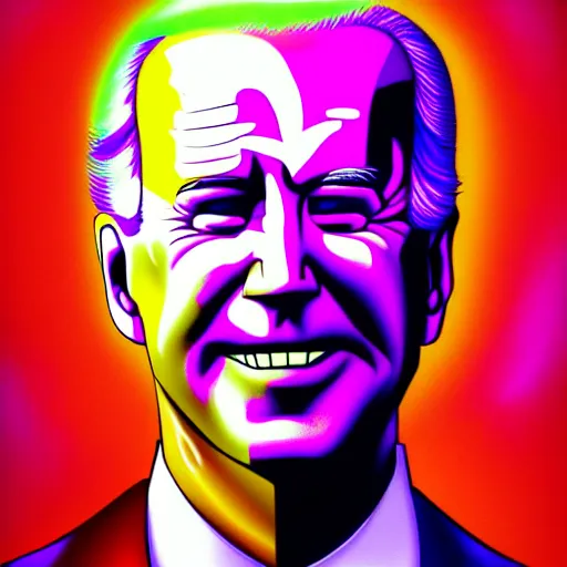 Image similar to An extremely psychedelic portrait of Joe Biden, surreal, LSD, face, detailed, intricate, elegant, lithe, highly detailed, digital painting, artstation, concept art, smooth, sharp focus, illustration