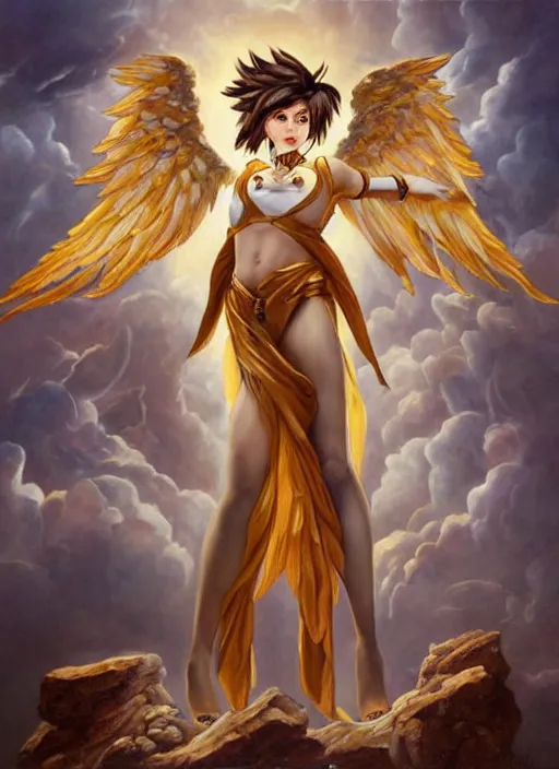 Image similar to full body oil painting of tracer overwatch in the style of evelyn de morgan, angel wings, dramatic painting, symmetrical composition, wearing gold detailed choker, golden chains, detailed face and eyes,