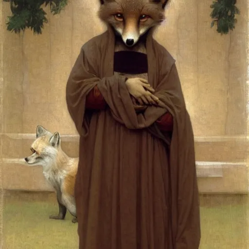 Prompt: An anthropomorphic fox in a brown robe, by bouguereau