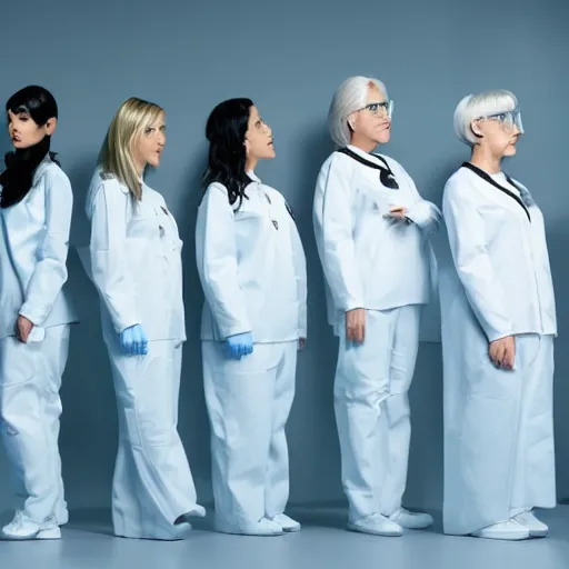 Prompt: line of six women of varying heights and body shapes, white hair, tight light blue neopren space uniforms, futuristic chemistry lab, sci - fi, highly detailed, cinematic