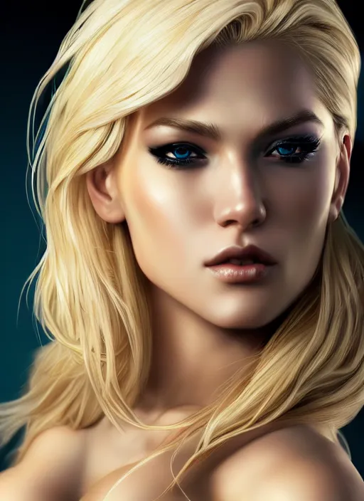 Image similar to photo of a gorgeous blonde female in cyperpunk city, realistic, sharp focus, 8 k high definition, insanely detailed, intricate, elegant, art by and stanley lau and artgerm, greg kutkowski, high contrast dramatic lighting