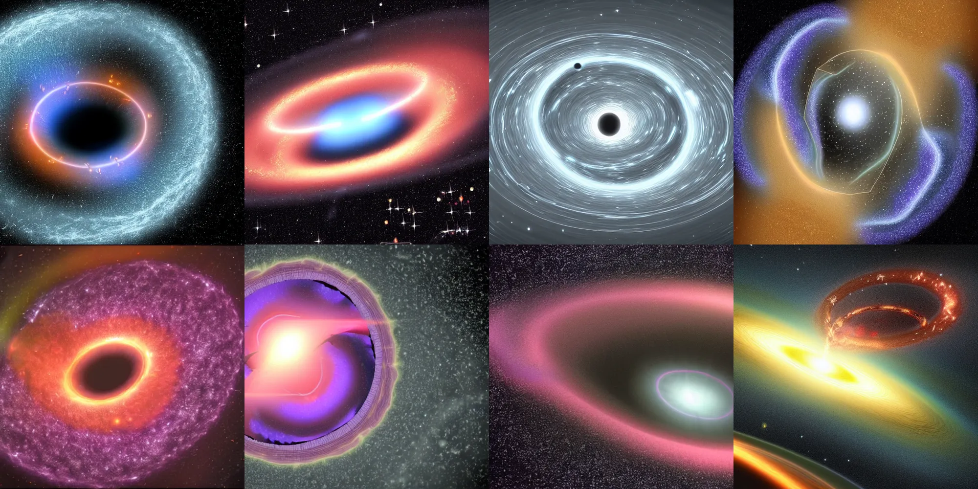 Prompt: an active wormhole connecting a black hole to a star going super nova, detailed shading, high particle count